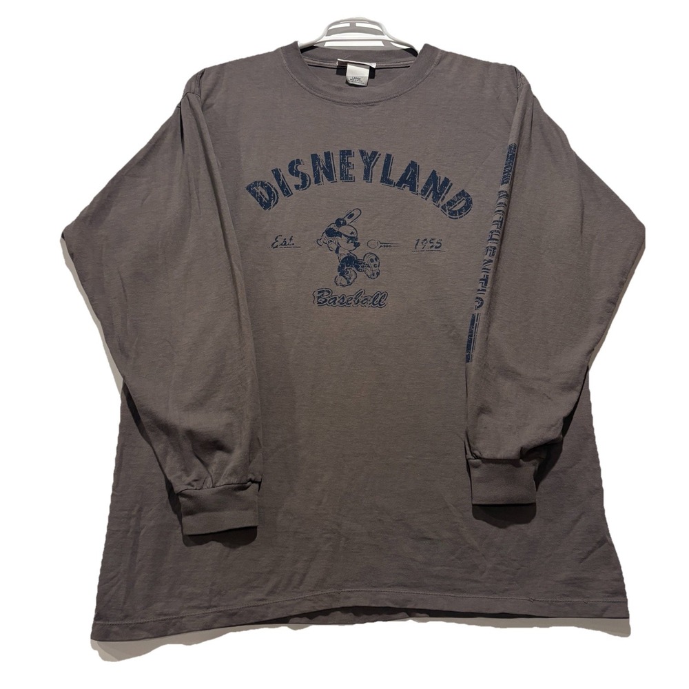 VTG 90's Disneyland Mickey Mouse Baseball Est. 1955 Print Long Sleeve Grey Shirt